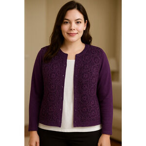 Coldwater Creek Sweater Cardigan Size XL Purple Crochet Accent Cottagecore
